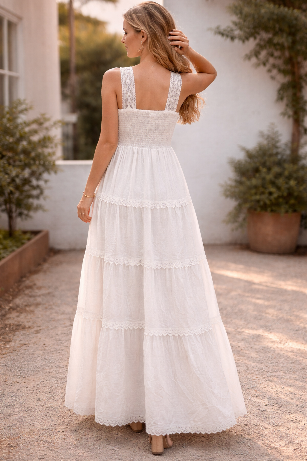 Women's White Cotton Lace Maxi Dress | Sleeveless Tiered Boho Summer Dress