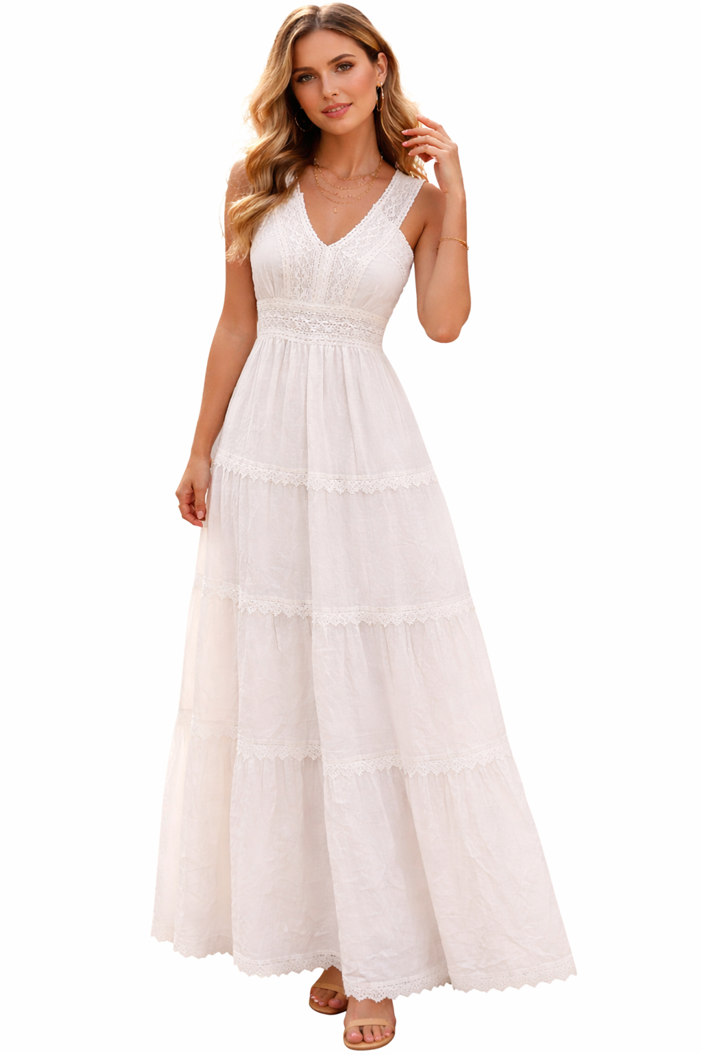 Women's White Cotton Lace Maxi Dress | Sleeveless Tiered Boho Summer Dress