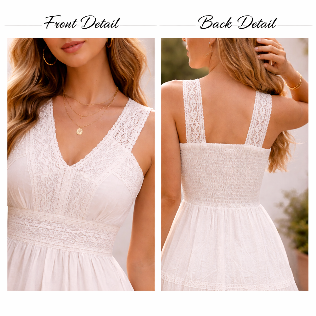 Women's White Cotton Lace Maxi Dress | Sleeveless Tiered Boho Summer Dress