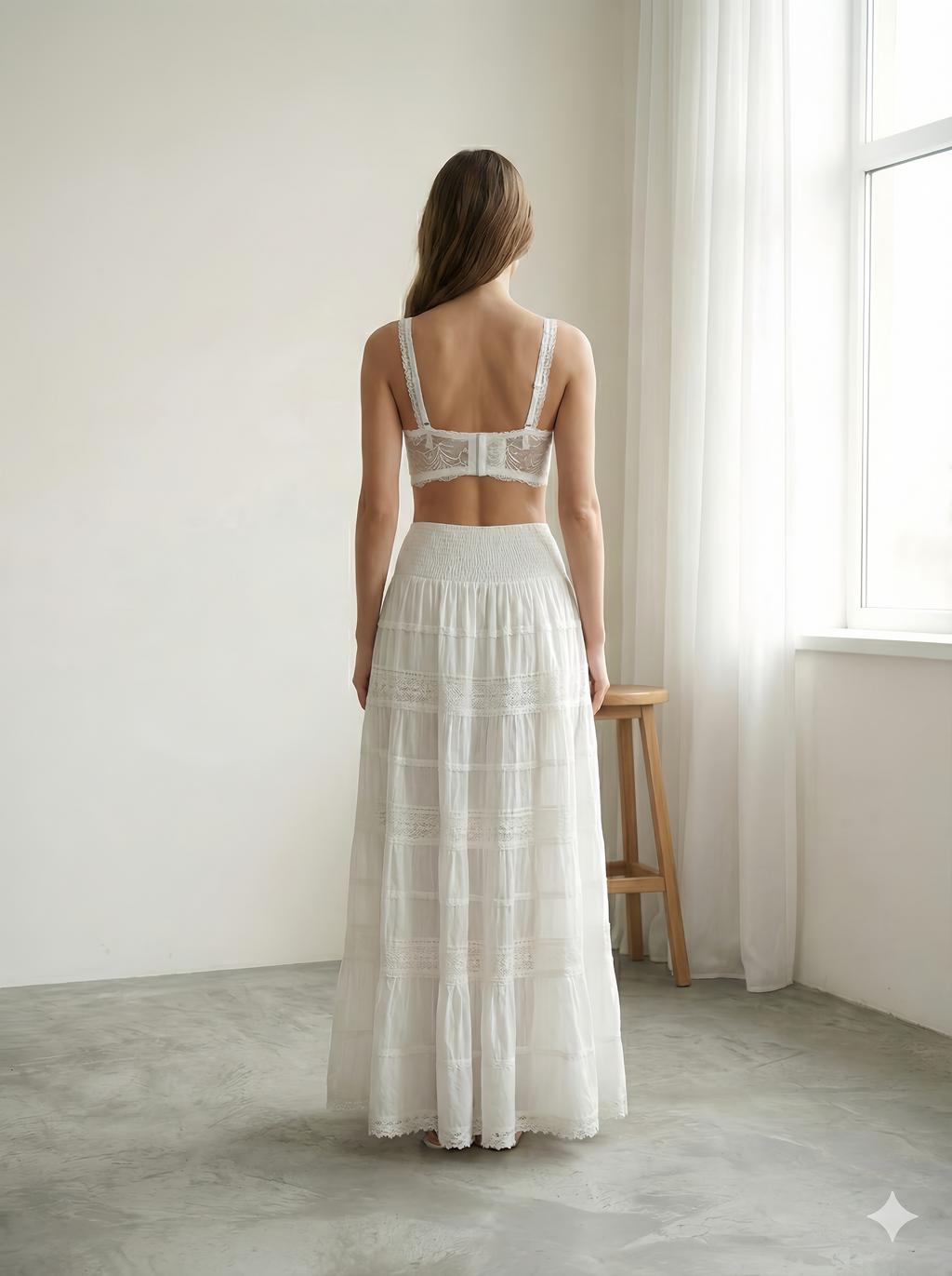 Women's White Cotton Maxi Skirt | Smocked Waist Tiered Boho Long Skirt