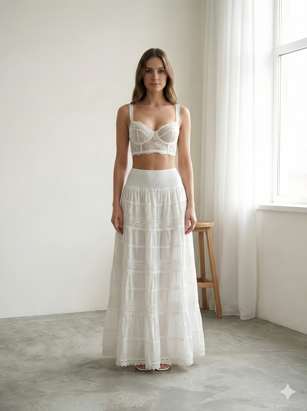 Women's White Cotton Maxi Skirt | Smocked Waist Tiered Boho Long Skirt