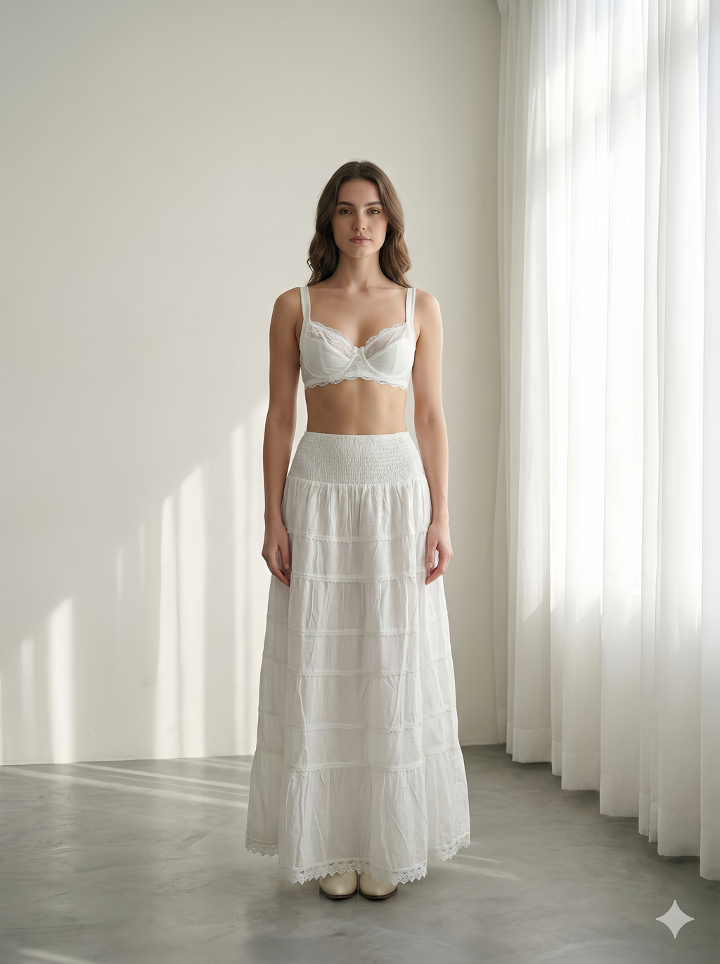 Women's White Cotton Maxi Skirt | Smocked Waist Tiered Boho Long Skirt