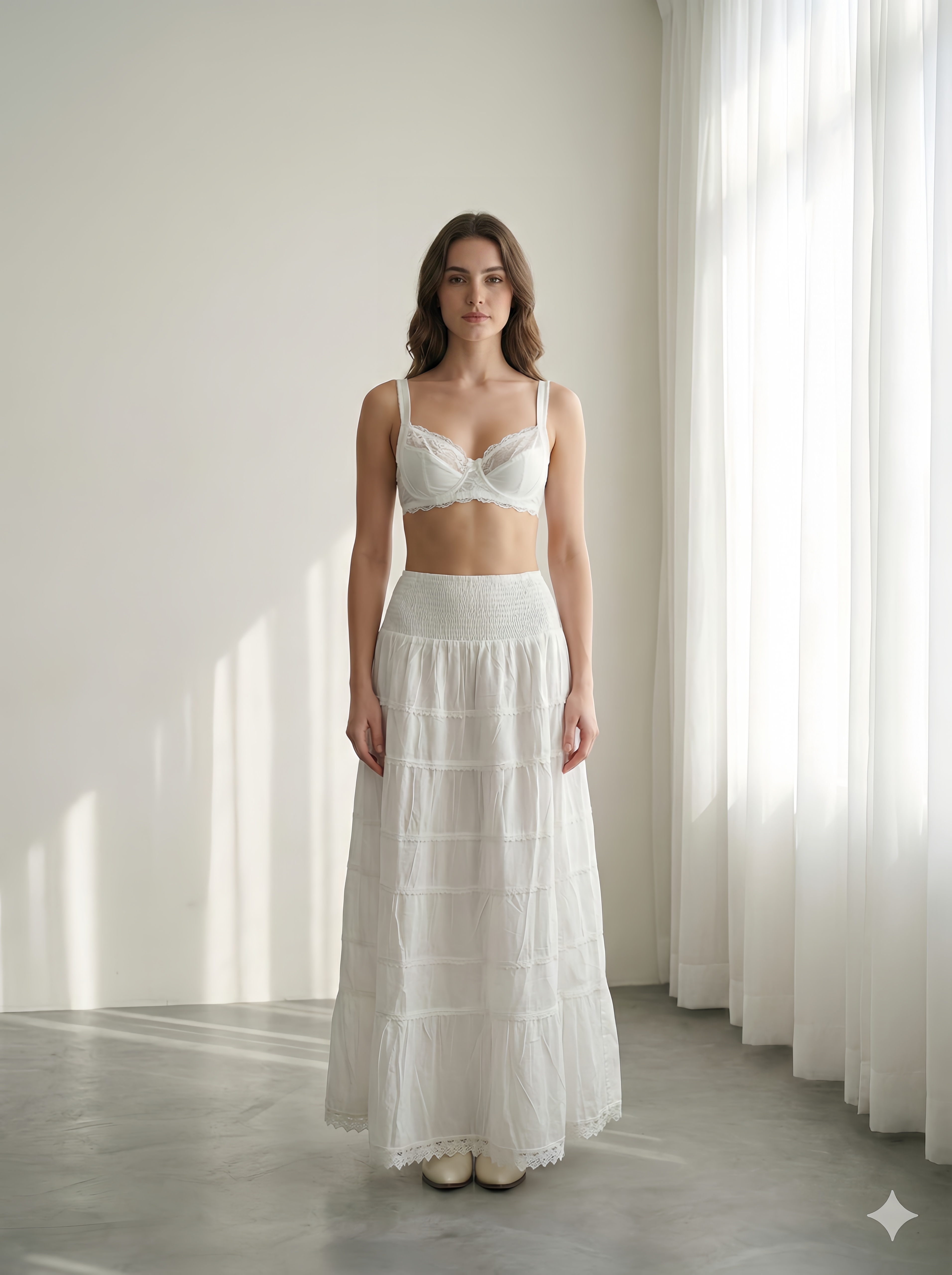 Women's White Cotton Maxi Skirt | Smocked Waist Tiered Boho Long Skirt