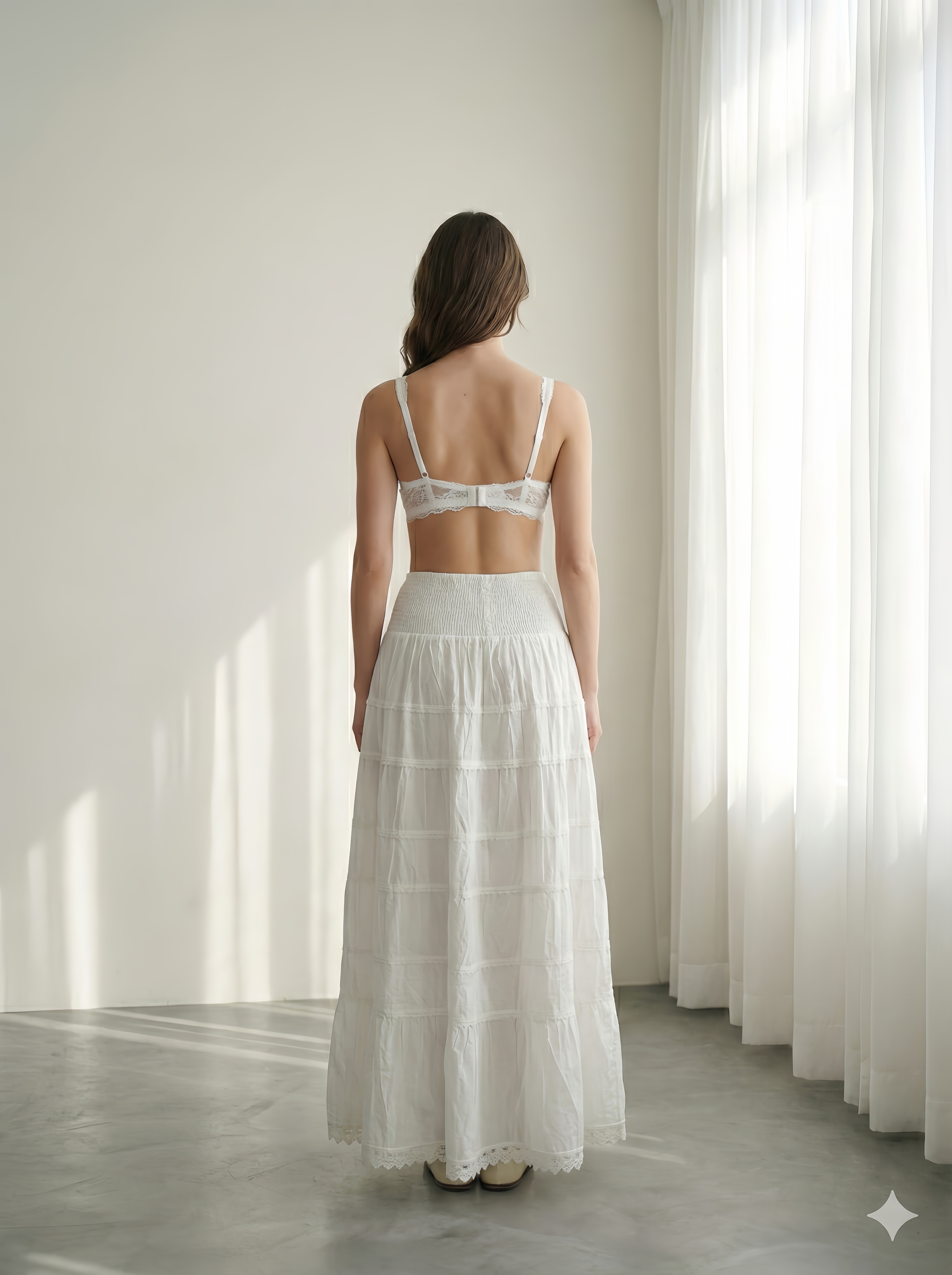 Women's White Cotton Maxi Skirt | Smocked Waist Tiered Boho Long Skirt