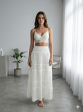 Women's White Cotton Maxi Skirt | Smocked Waist Tiered Boho Long Skirt