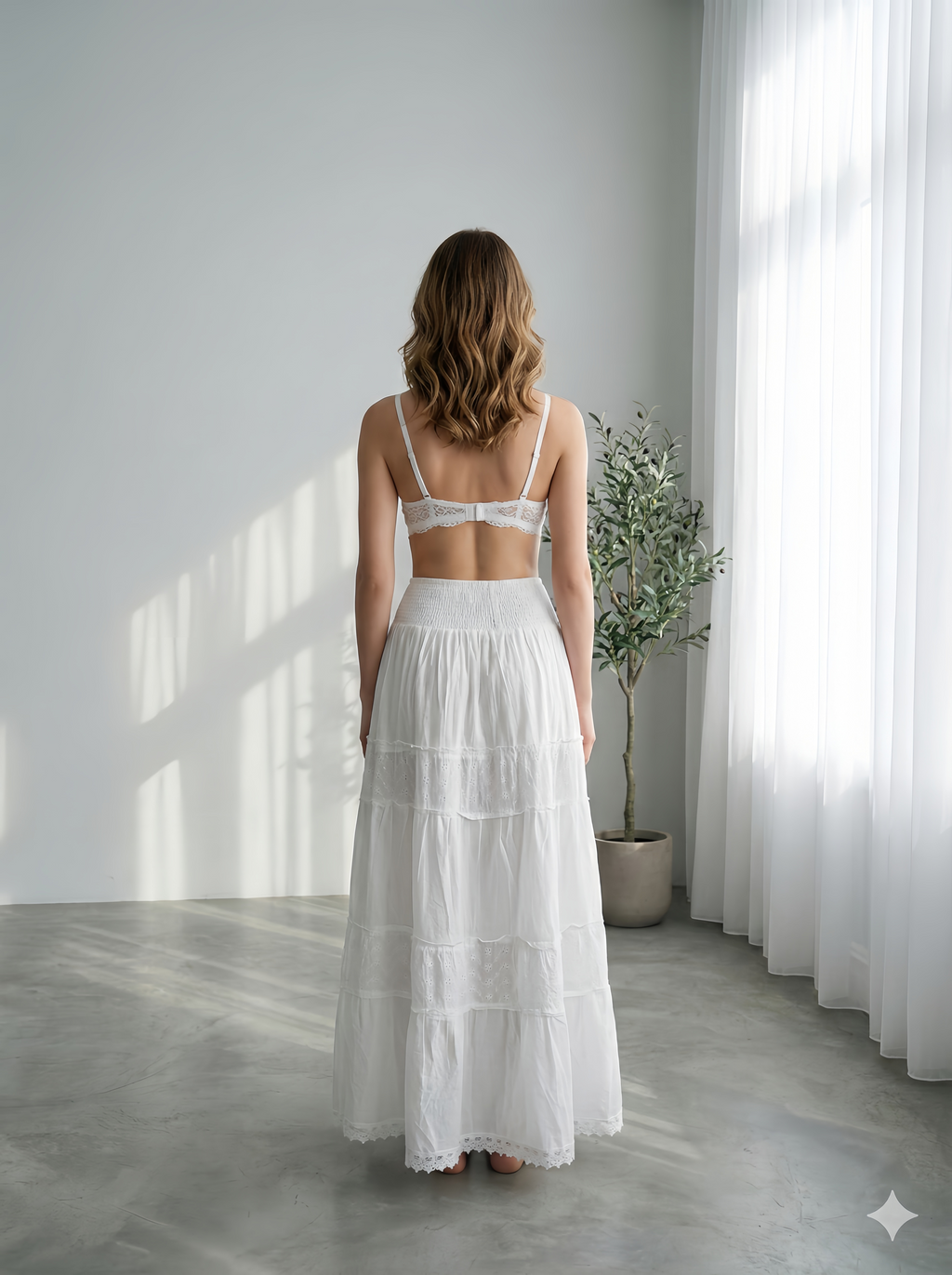 Women's White Cotton Maxi Skirt | Smocked Waist Tiered Boho Long Skirt
