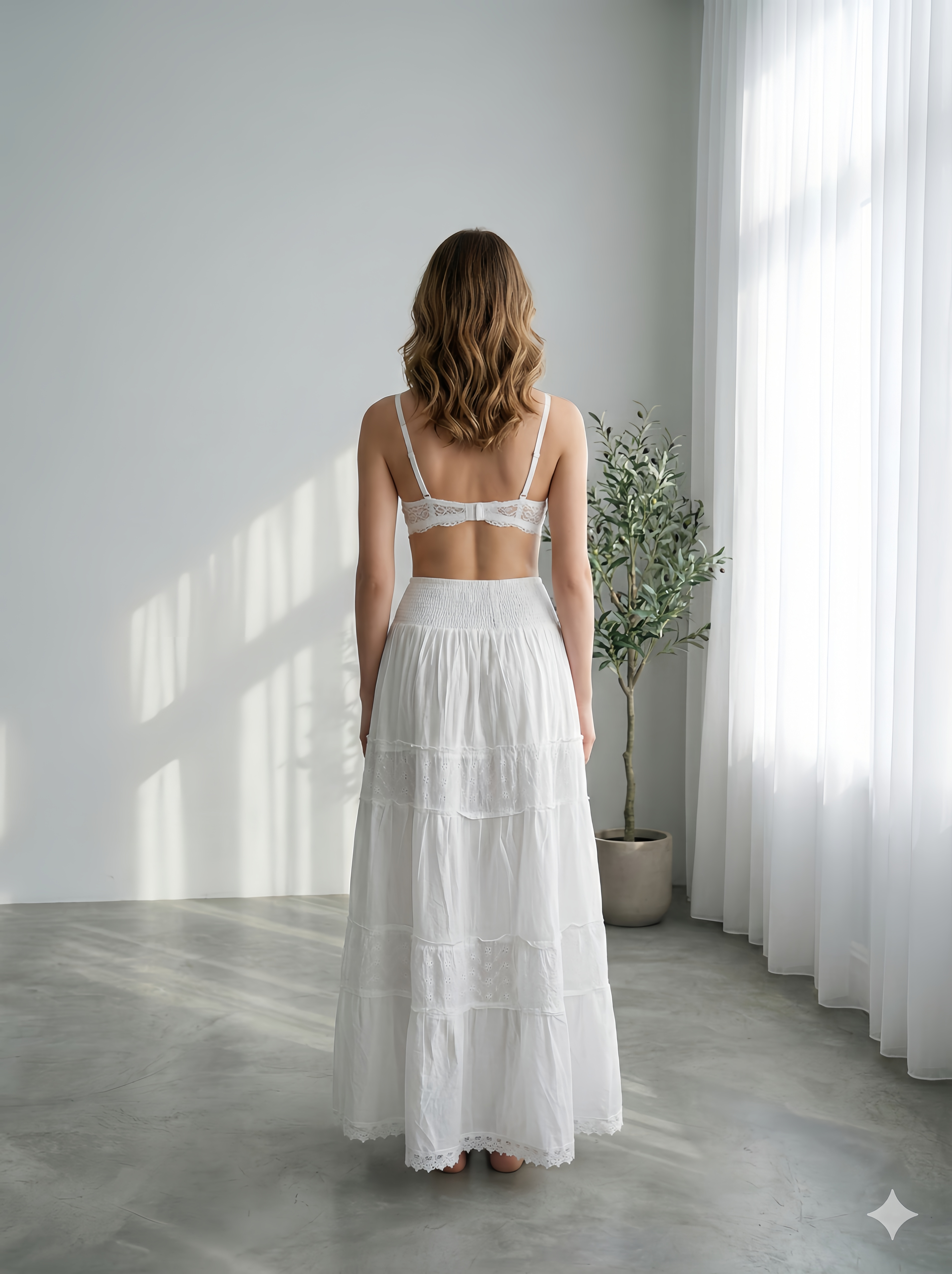 Women's White Cotton Maxi Skirt | Smocked Waist Tiered Boho Long Skirt