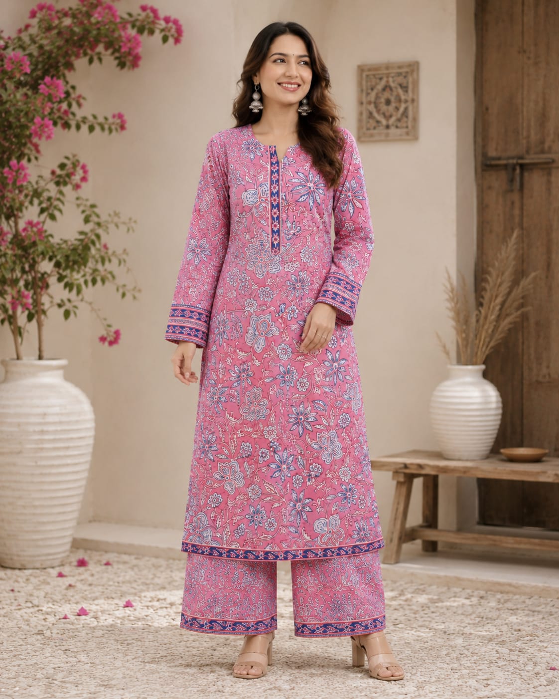 Pink Floral Print Straight Kurta with Palazzo Set – Cotton Co-ord Set
