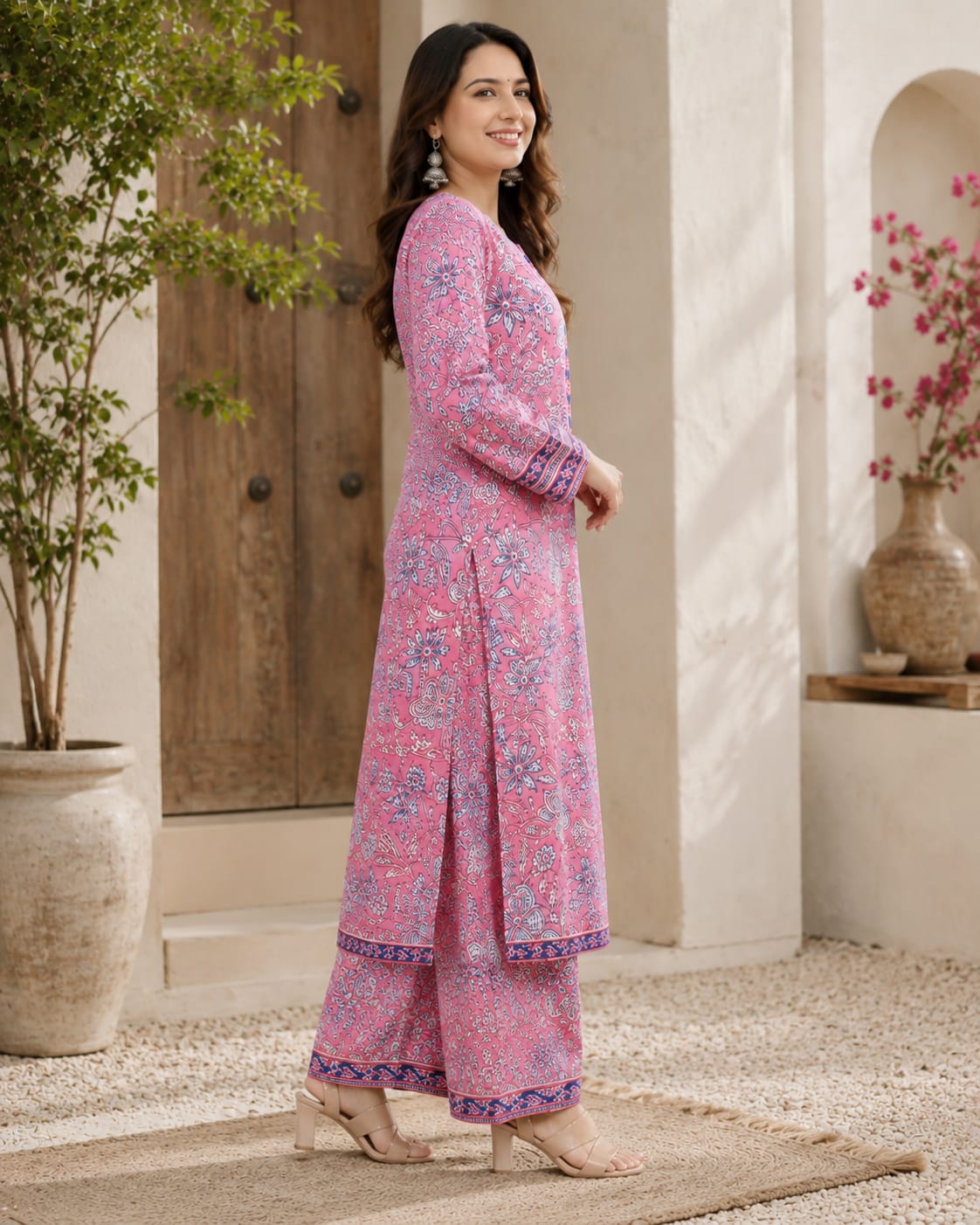 Pink Floral Print Straight Kurta with Palazzo Set – Cotton Co-ord Set