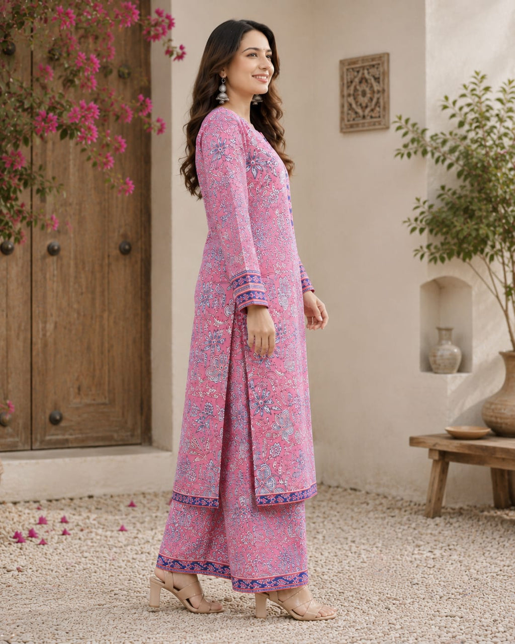 Pink Floral Print Straight Kurta with Palazzo Set – Cotton Co-ord Set