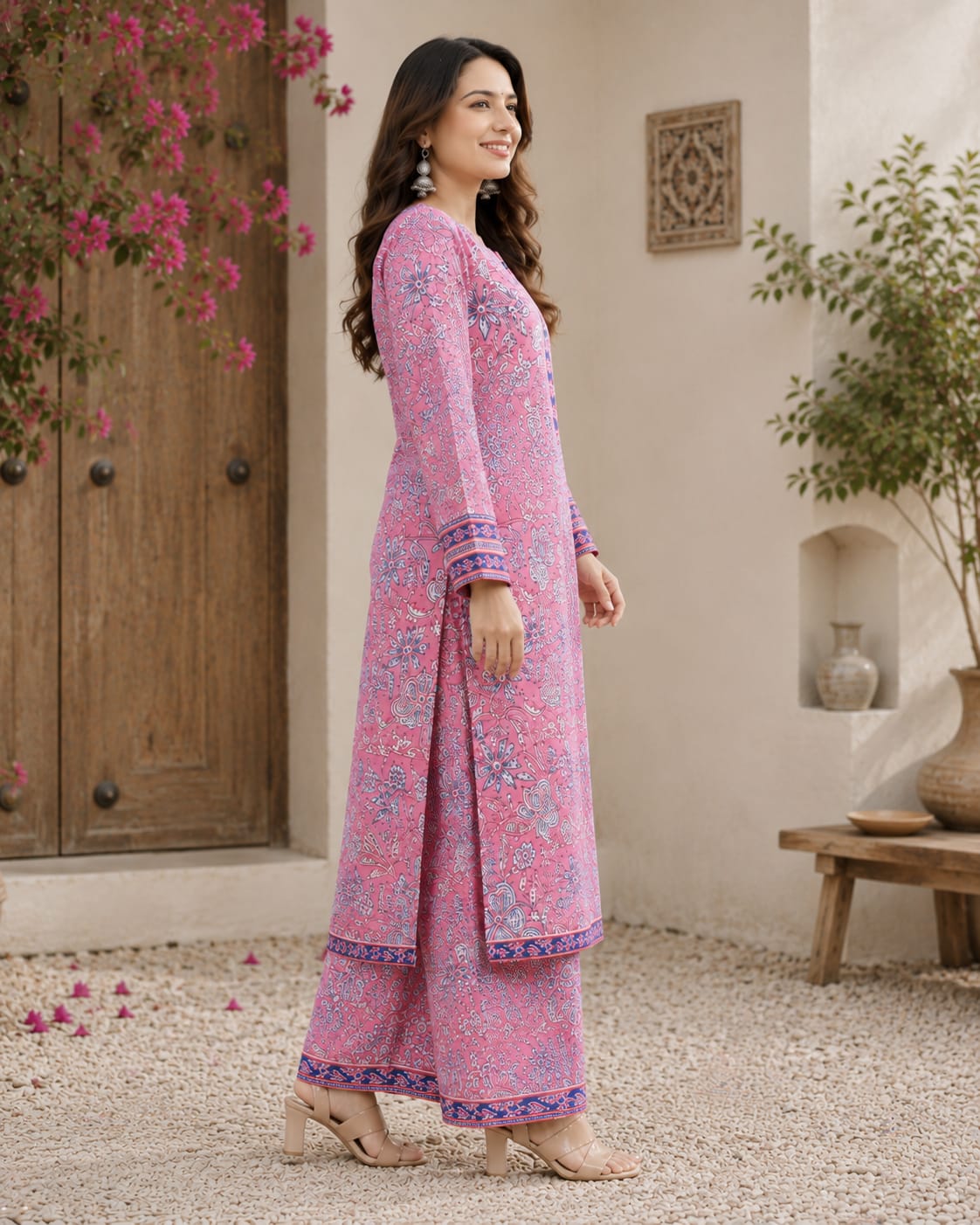 Pink Floral Print Straight Kurta with Palazzo Set – Cotton Co-ord Set