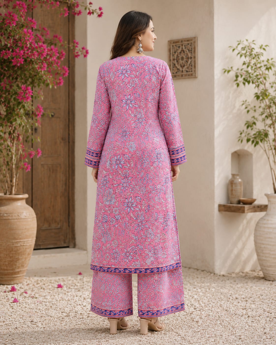 Pink Floral Print Straight Kurta with Palazzo Set – Cotton Co-ord Set