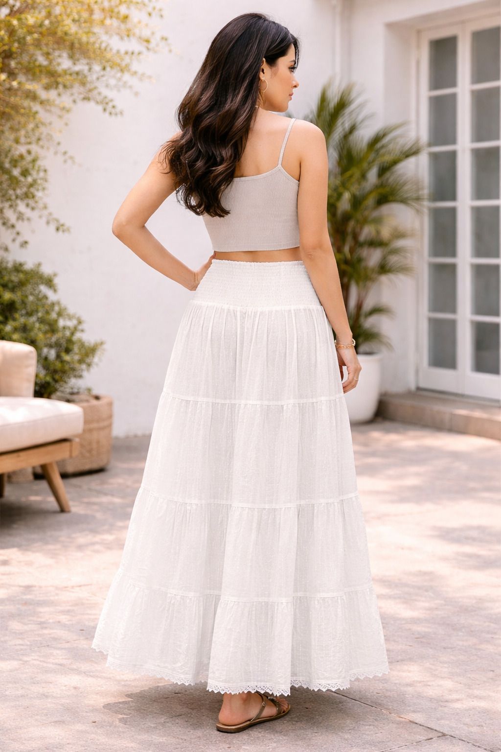 Women's White Cotton Schiffli Maxi Skirt | Smocked Waist Tiered Boho Long Skirt