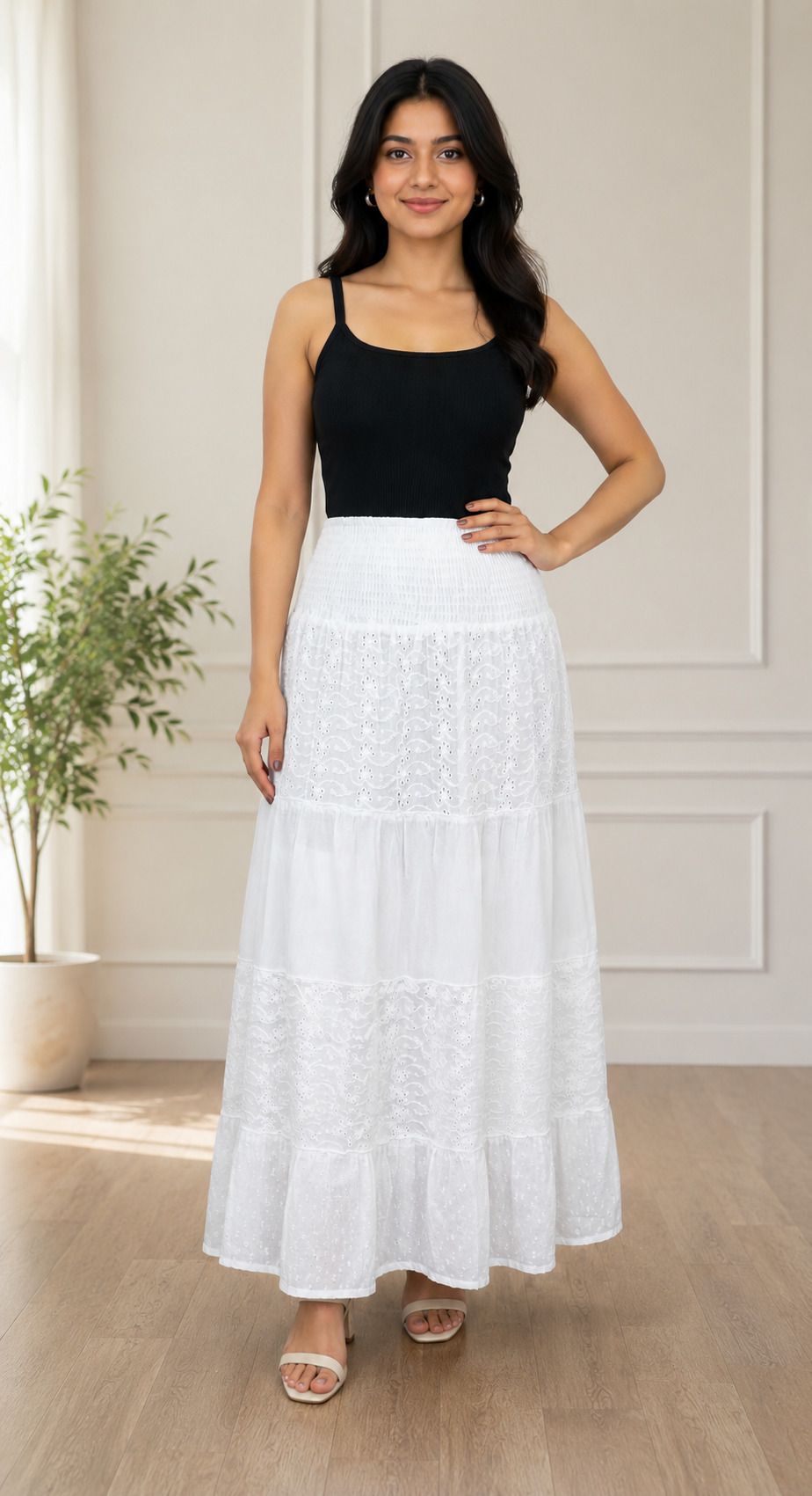 Women's White Tiered Maxi Skirt | Embroidered Cotton Long Skirt