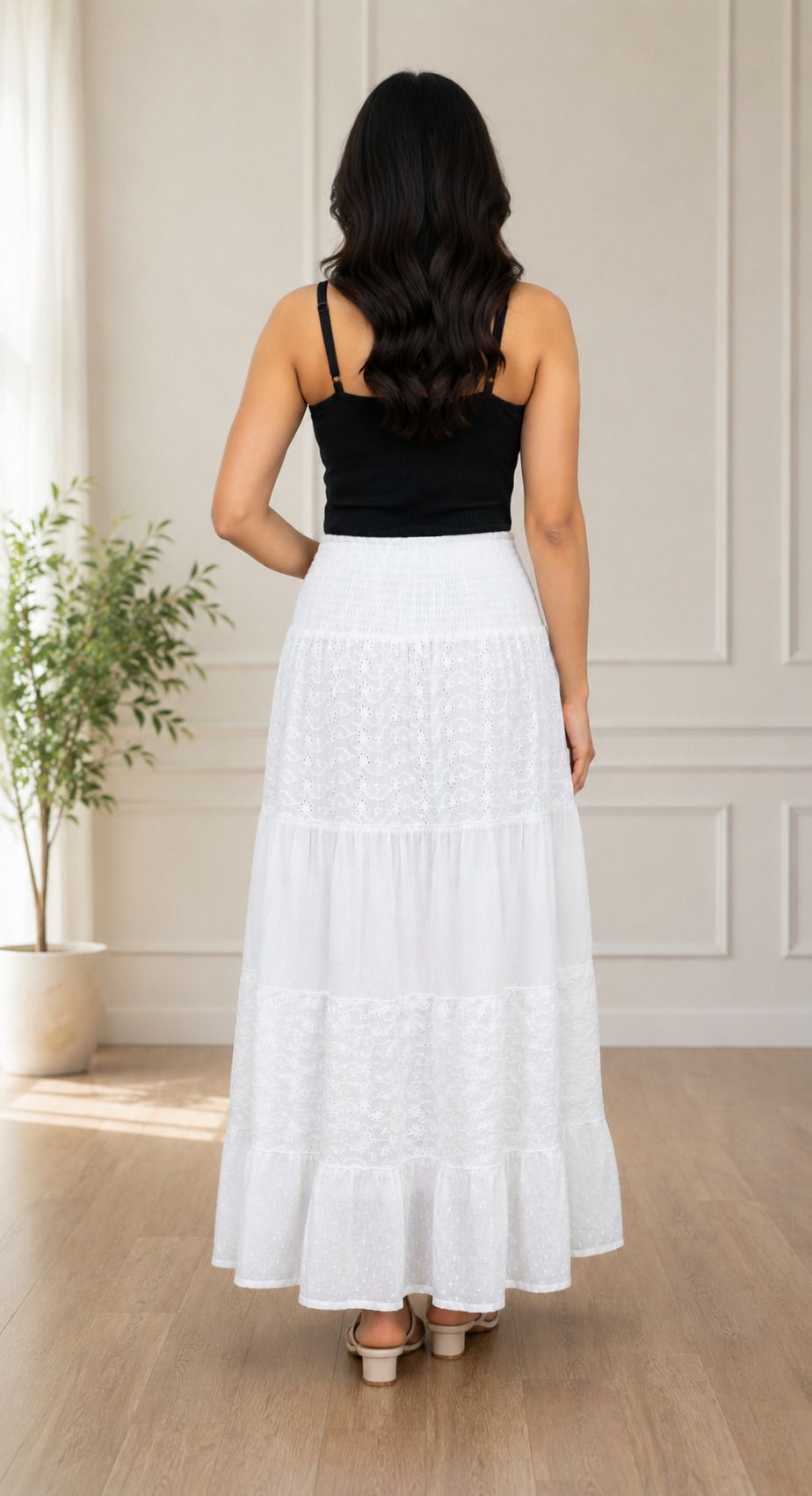 Women's White Tiered Maxi Skirt | Embroidered Cotton Long Skirt