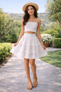 Women's White Cotton Mini Skirt with One Tier Schiffli | Smocked Waist Summer Skirt