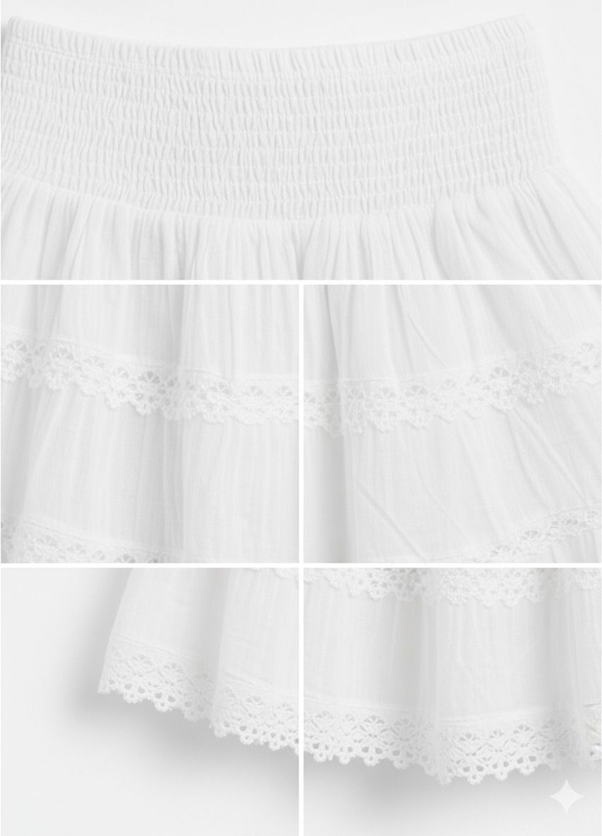 Women's White Cotton Mini Skirt | Smocked Waist Lace Tiered Skirt