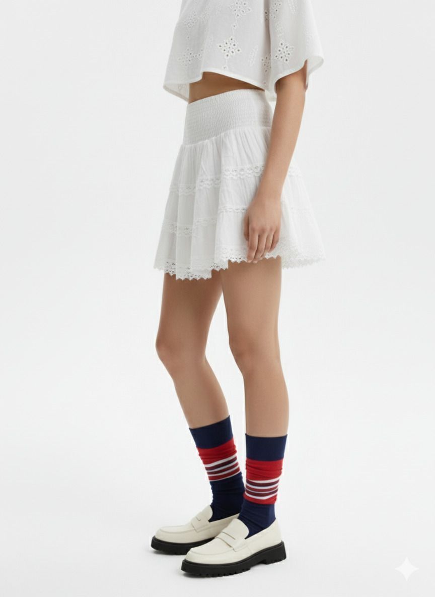 Women's White Cotton Mini Skirt | Smocked Waist Lace Tiered Skirt