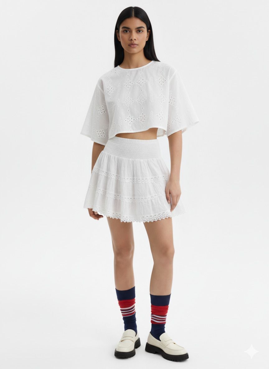 Women's White Cotton Mini Skirt | Smocked Waist Lace Tiered Skirt