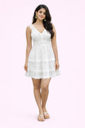 White Lace Tiered Mini Dress for Women | Sleeveless Summer Boho Dress